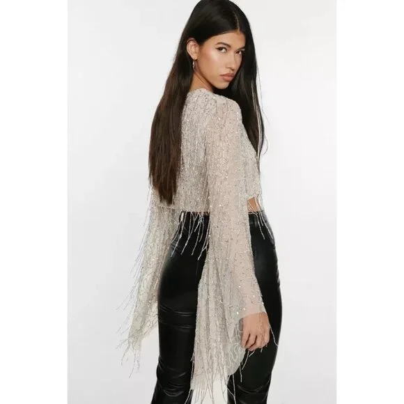 Nasty Gal Flare Sleeve Tassel Sequin Crop Top in Off White